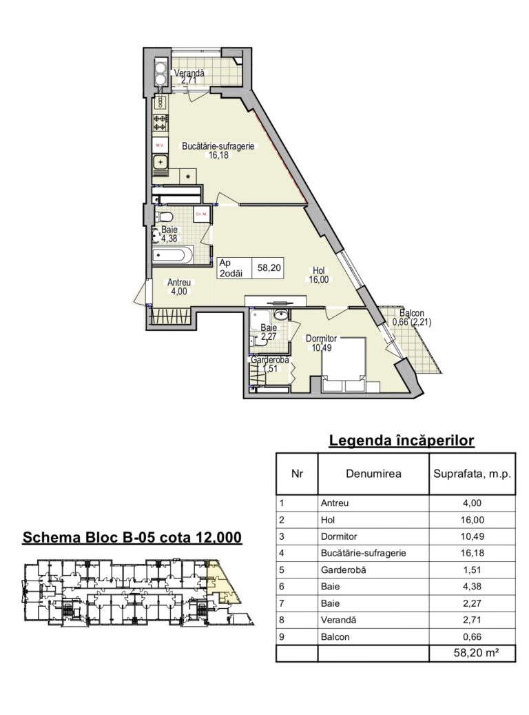 Apartamente cu 2 camere 58.20 m2